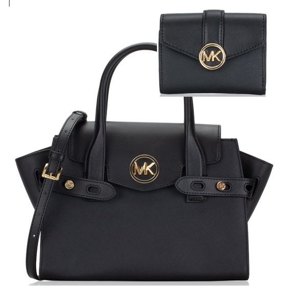MICHAEL KORS CARMEN MEDIUM FAUX LEATHER BELTED SATCHEL + WALLET IN BLACK New - Picture 2 of 9